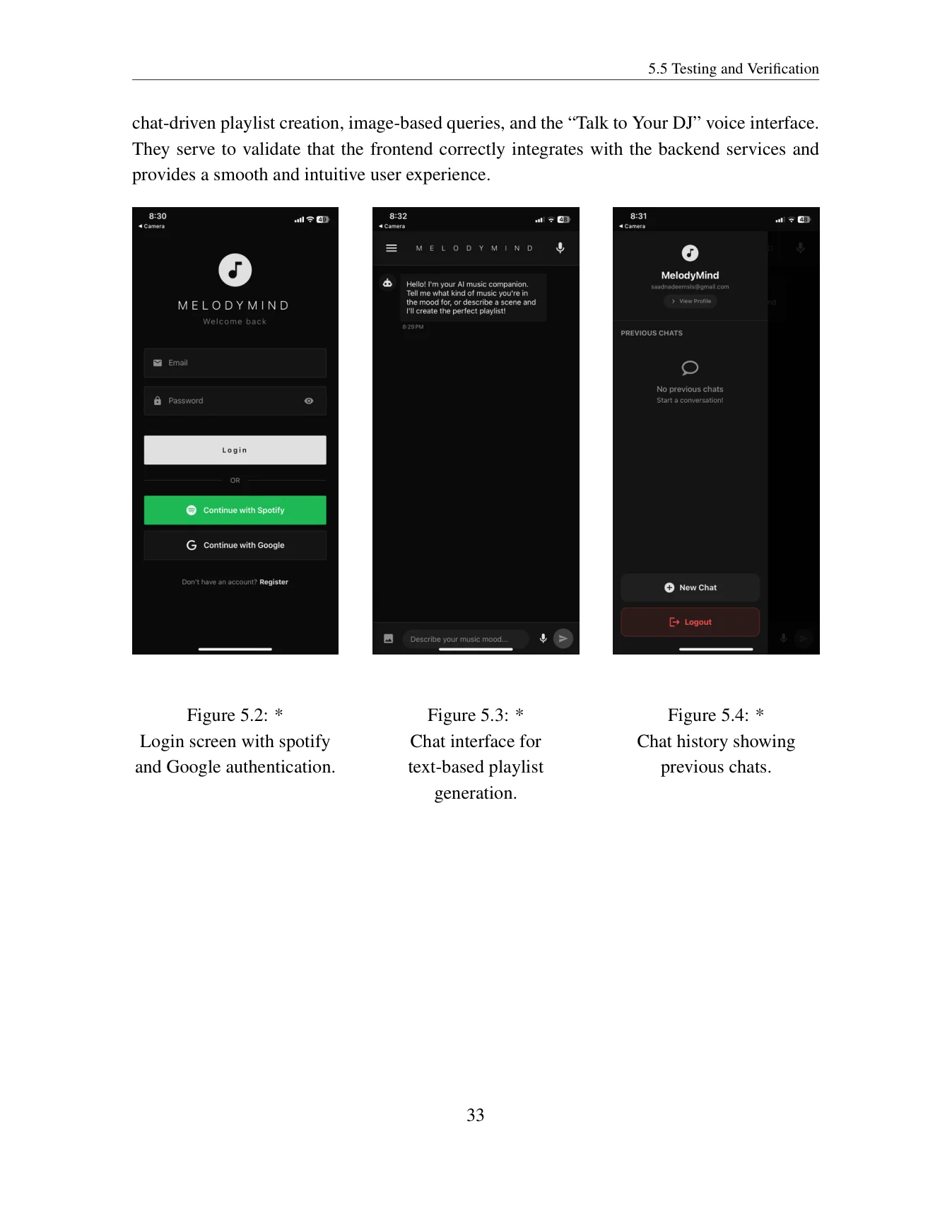 MelodyMind thesis figure: mobile authentication and chat-driven playlist generation